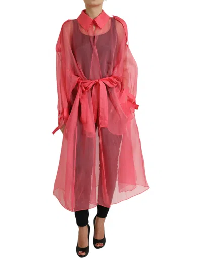 Shop Dolce & Gabbana Pink Silk See Through Belted Long Coat Jacket