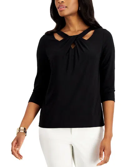 Shop Kasper Petites Womens Twist-neck Three-quarter Sleeves Pullover Top In Black