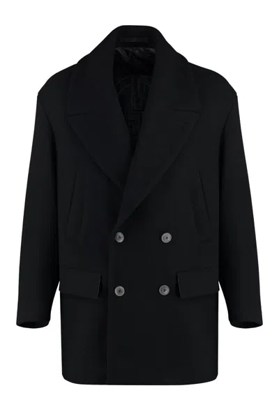 Shop Giorgio Armani Wool Blend Double-breasted Coat In Black