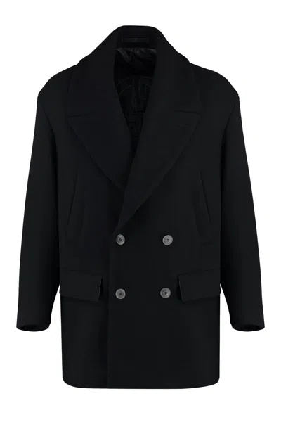 Giorgio Armani Lapel Collar Double-breasted Peacoat In Black
