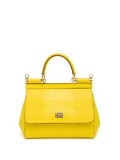 Shop Dolce & Gabbana Small Miss Sicily Lizard-embossed Leather Top-handle Satchel In Limone