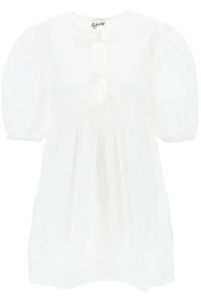 Shop Ganni Mini Poplin Dress With Balloon Sleeves In White