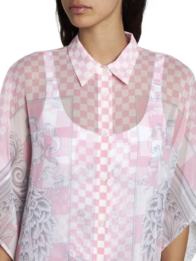 Shop Versace Pink Shirt Dress With Barocco Check Print All-over In Viscose Woman