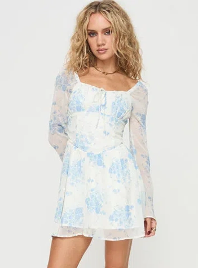Shop Princess Polly Robertstone Long Sleeve Mini Dress In White / Blue Floral