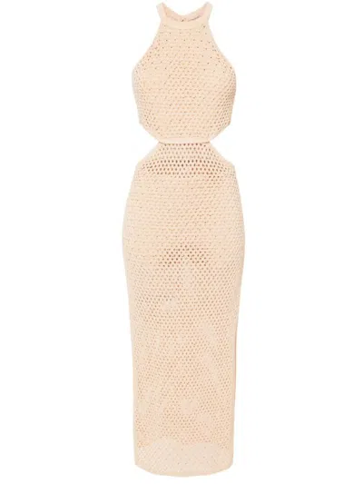 Shop Twinset Perforated Linen And Cotton Midi Dress With Rhinestones In Beige