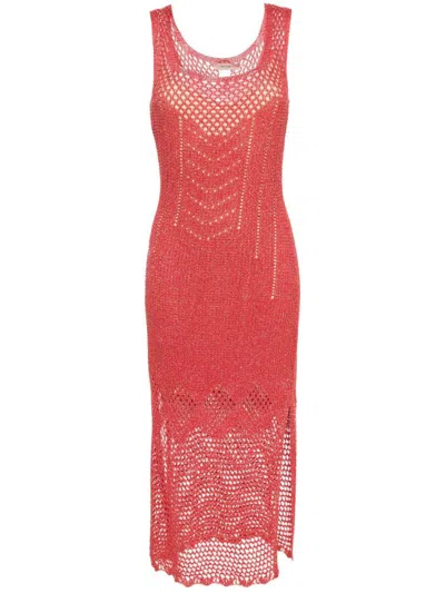 Shop Twinset Perforated Viscose Midi Dress With Slip In Red