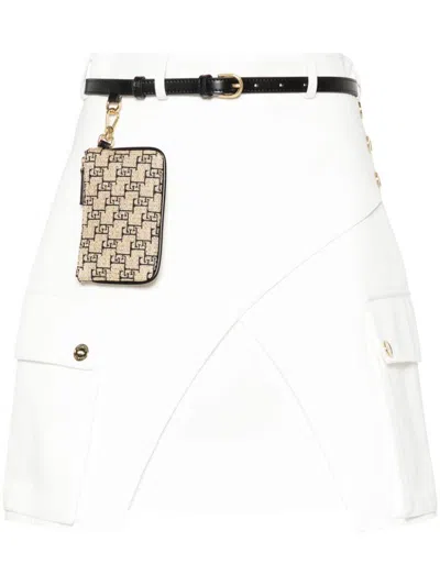 Shop Elisabetta Franchi Twill Skirt With Ruffles And Belt In Ivory