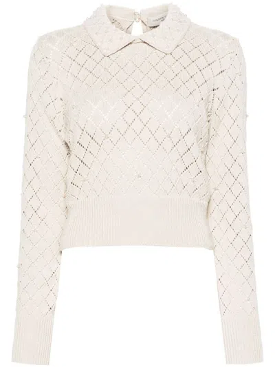 Shop Golden Goose Perforated Cotton Sweater With Pearls In Cream