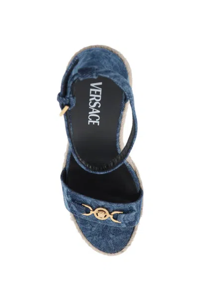 Shop Versace Denim Barocco Wedge Sandals In Blue