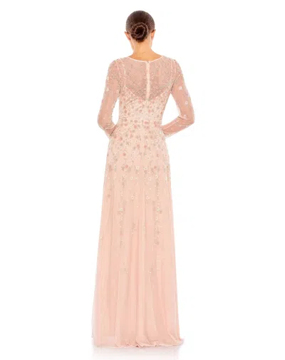 Shop Mac Duggal Embellished Wrap Over Illusion Long Sleeve A Line Gown In Peach