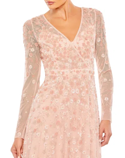 Shop Mac Duggal Embellished Wrap Over Illusion Long Sleeve A Line Gown In Peach