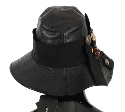 Shop Dolce & Gabbana Elegant Black Leather Cloche Women's Cap