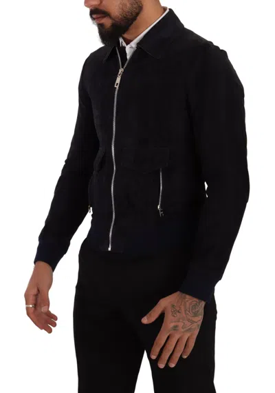 Dolce & Gabbana Blue Suede Lambskin Leather Coat Jacket In Blue