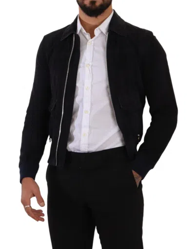 Dolce & Gabbana Blue Suede Lambskin Leather Coat Jacket In Blue
