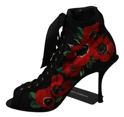 Shop Dolce & Gabbana Elegant Floral Heel Women's Booties In Black And Red