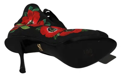 Shop Dolce & Gabbana Elegant Floral Heel Women's Booties In Black And Red