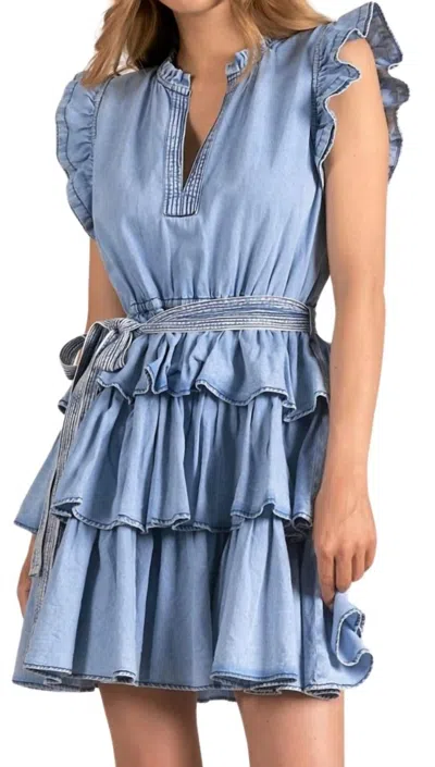 Shop Elan Ruffled Sleeve Tiered Dress In Blue Wash In Multi
