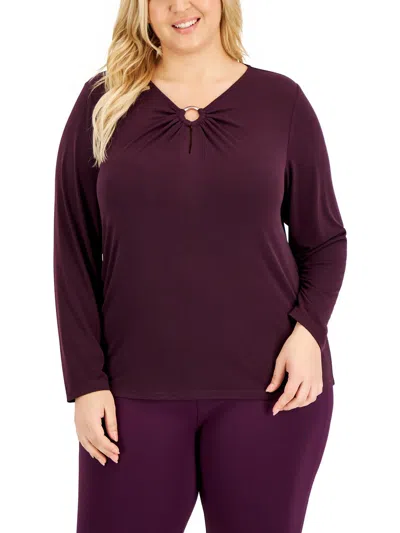 Shop Calvin Klein Plus Womens O-ring Neck Dressy Blouse In Purple
