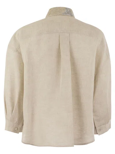 Shop Brunello Cucinelli Linen Linen Shirt With Dazzling Magnolia Collar