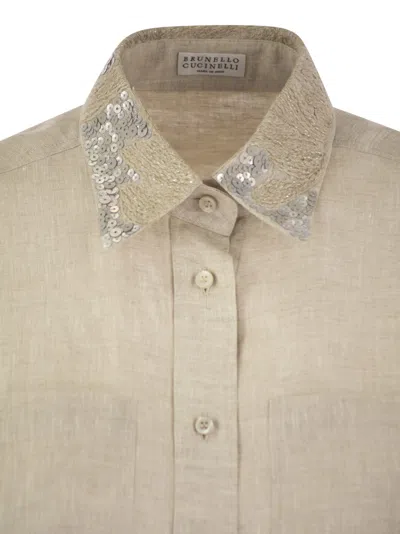 Shop Brunello Cucinelli Linen Linen Shirt With Dazzling Magnolia Collar