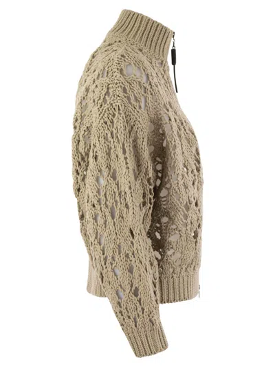 Shop Brunello Cucinelli Soft Feather Cotton Lace Stitch Cardigan With Precious Zipper Pull