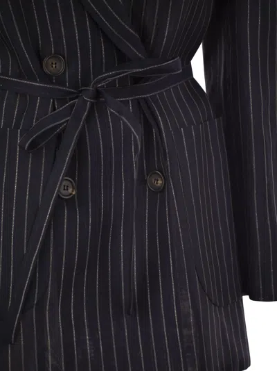 Shop Brunello Cucinelli Sparkling Stripe Cotton Gauze Jacket With Belt And Necklace
