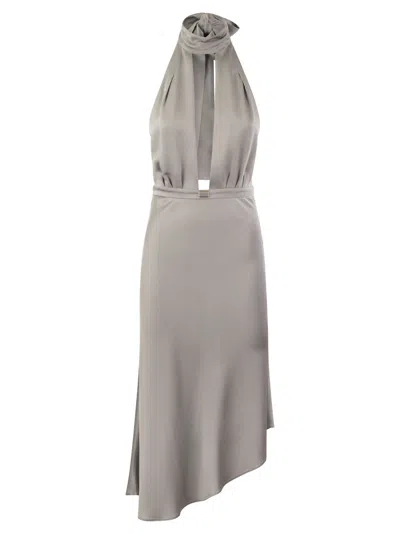 Shop Elisabetta Franchi Satin Midi Dress With Asymmetric Skirt