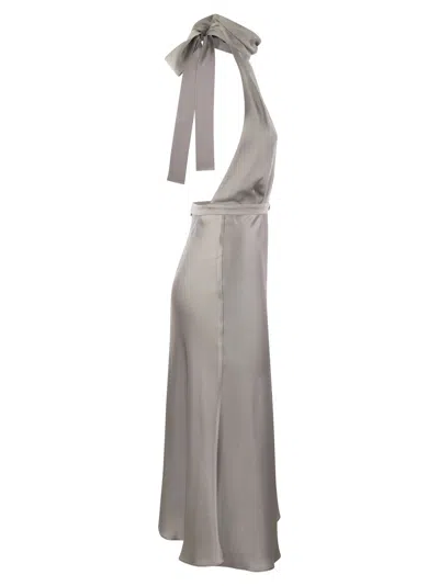 Shop Elisabetta Franchi Satin Midi Dress With Asymmetric Skirt