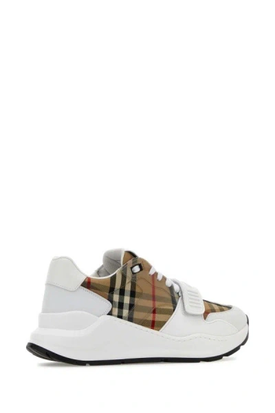 Shop Burberry Man Multicolor Leather And Fabric Sneakers