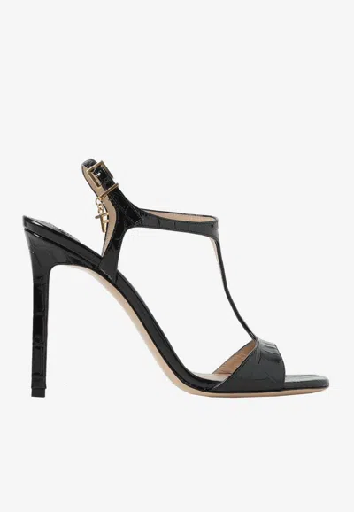 Shop Tom Ford Angelina 105 Croc-embossed Patent Leather Sandals In Black
