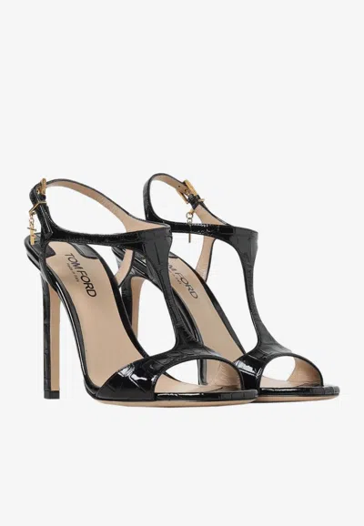 Shop Tom Ford Angelina 105 Croc-embossed Patent Leather Sandals In Black