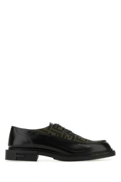 Shop Fendi Man Black Leather  Frame Lace-up Shoes