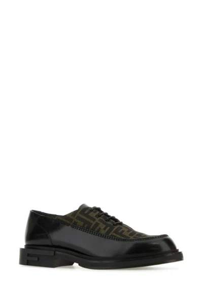 Shop Fendi Man Black Leather  Frame Lace-up Shoes