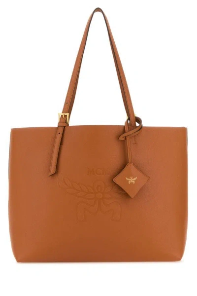 Shop Mcm Woman Caramel Leather Medium Himmel Shopping Bag In Brown