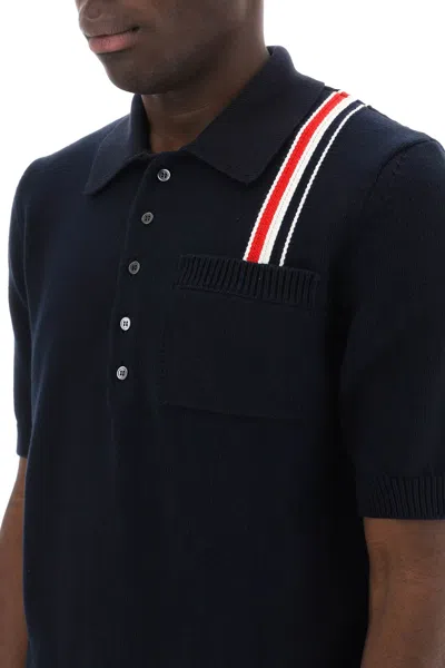 Shop Thom Browne Cotton Knit Polo Shirt With Rwb Stripe Men In Blue