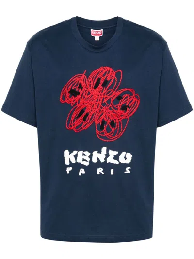 Shop Kenzo Drawn Varsity Cotton T-shirt In Blue