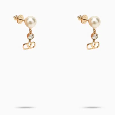 Shop Valentino Garavani Golden Vlogo Signature Earrings With Pearl In Metal