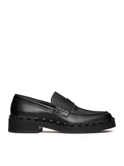 Shop Valentino Rockstud M-way Calfskin Loafers In Black