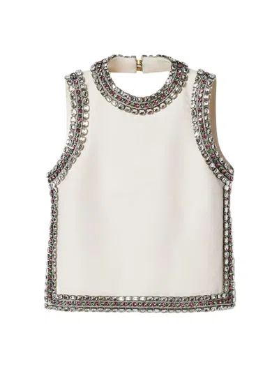 Shop Gucci Top In Wool And Silk With Crystal Embroidery In White