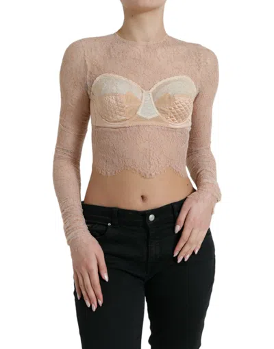 Shop Dolce & Gabbana Beige Nylon Floral Lace Bustier Cropped Top