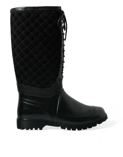 Dolce & Gabbana Black Chioggia Rubber Suede Rain Boots Shoes In Black