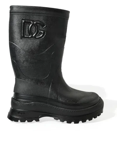 Shop Dolce & Gabbana Black Embossed Metallic Rubber Boots Shoes
