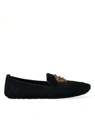 Shop Dolce & Gabbana Black Leather Crystal Crown Loafers Shoes