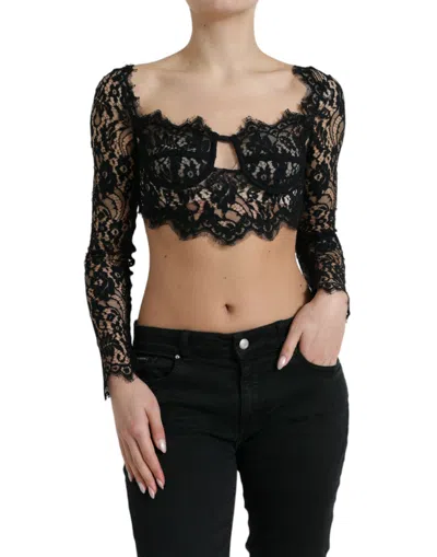 Shop Dolce & Gabbana Black Nylon Floral Lace Bustier Cropped Top