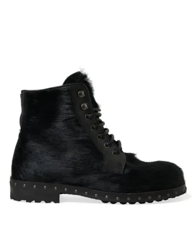 Dolce & Gabbana Black Pony Style Leather Mid Calf Boots Shoes In Black
