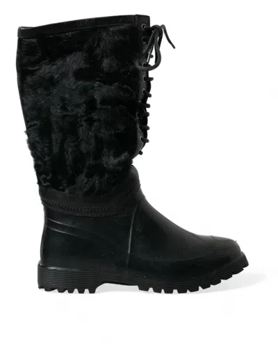 Shop Dolce & Gabbana Black Rubber Lace Up Shearling Rain Boots Shoes