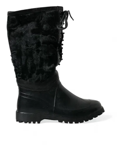 Dolce & Gabbana Black Rubber Lace Up Shearling Rain Boots Shoes In Black