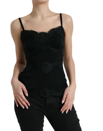 Dolce & Gabbana Black Silk Stretch Lace Sleeveless Tank Top In Black