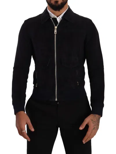 Shop Dolce & Gabbana Blue Suede Lambskin Leather Coat Jacket