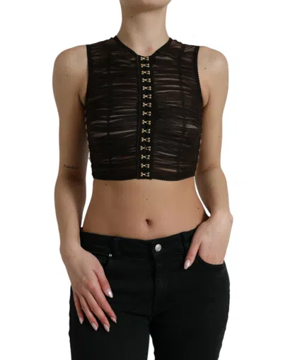 Shop Dolce & Gabbana Brown Embellished Nylon Stretch Cropped Top